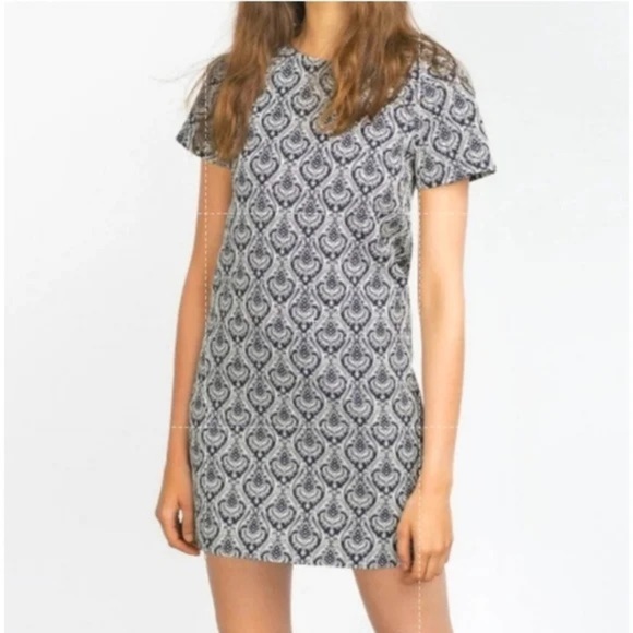 Zara| Chic Brocade Navy/White Jacquard Above-Knee Sheath Mini-Dress Sz XS - Picture 9 of 9